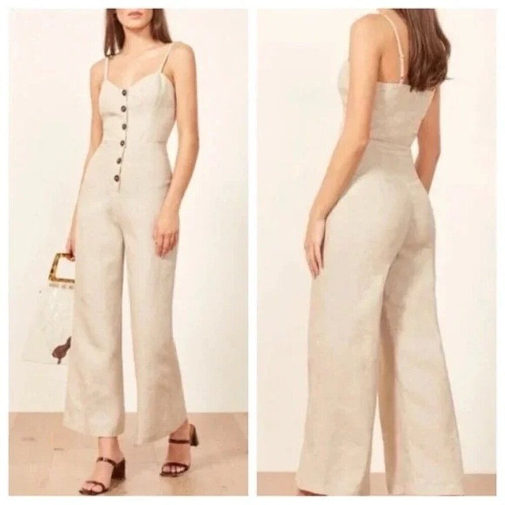 Reformation Torta Linen Jumpsuit in Sand Beige 33599 Size 0 Womens - Picture 2 of 13